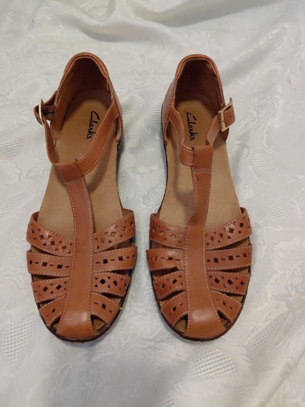 Clarks Wendy River Leather Fisherman Ankle Strap Wedge Heel Sandals 8.5 Brown